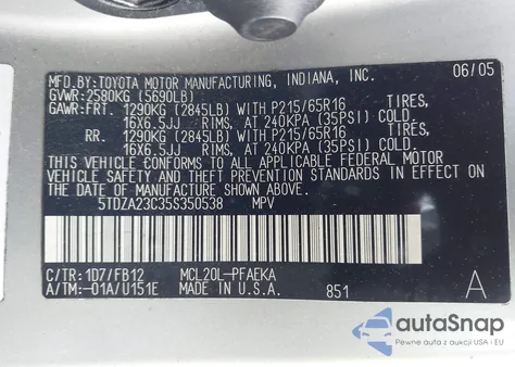 2005 Toyota Sienna Le from USA, damaged, VIN 5TDZA23C35S350538